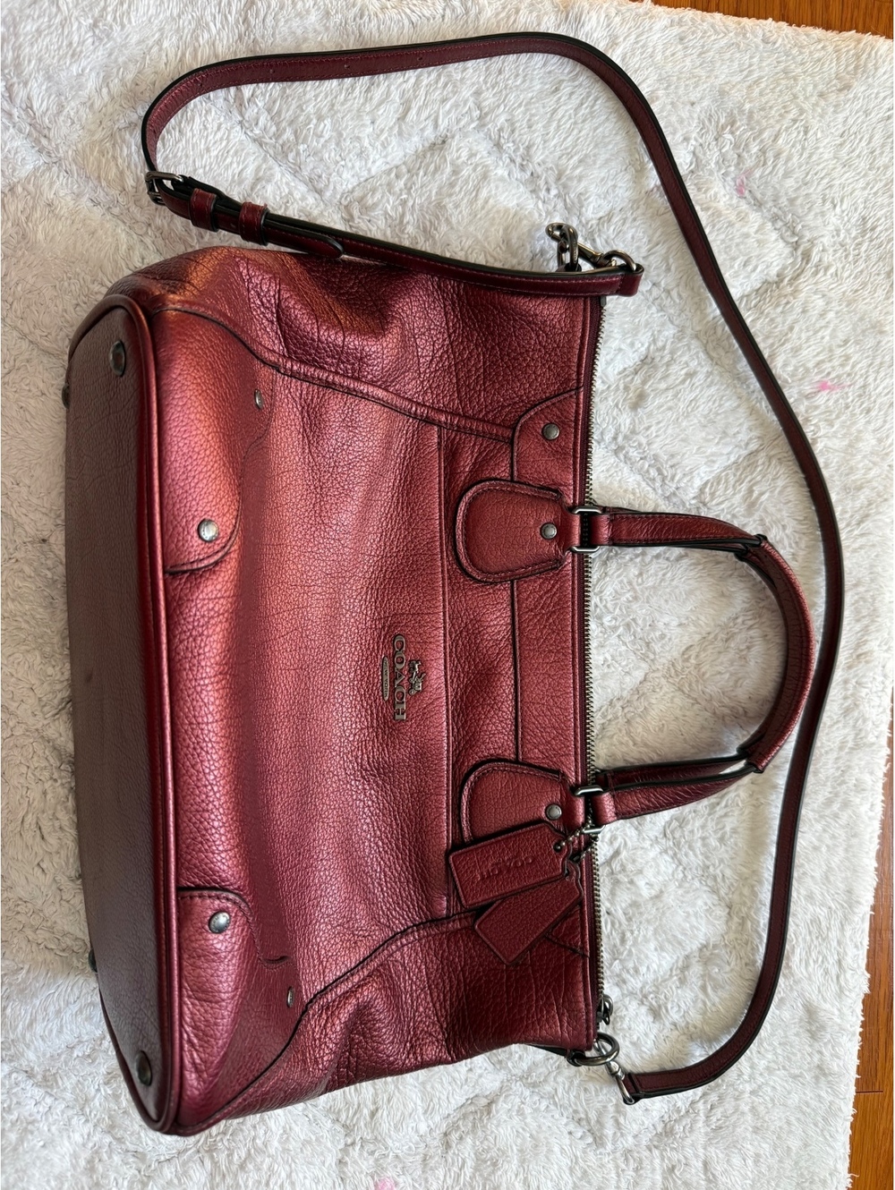 Coach Mickie Satchel Pebbled Leather Bag with Adjustable Strap in Burgundy